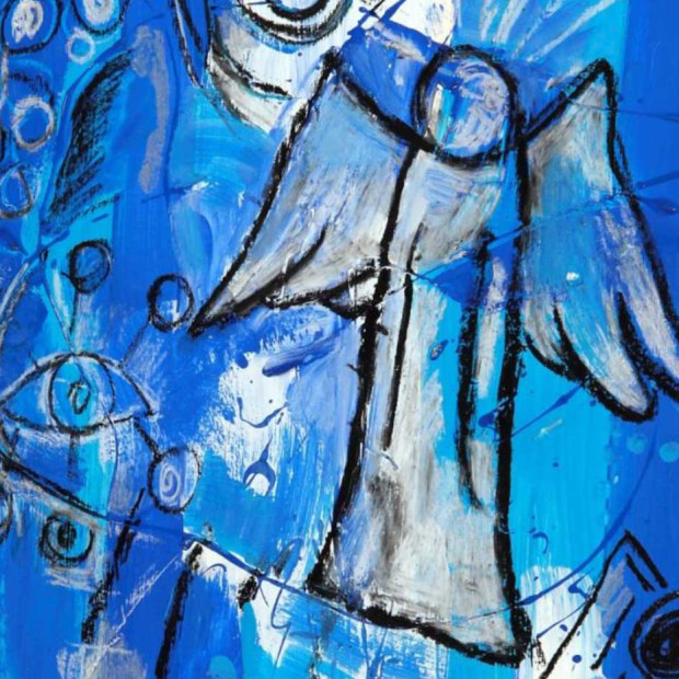 Abstraktes Gemälde mit einem weißen Engel mit ausgebreiteten Flügeln und schwarzer Umrandung vor einem leuchtend blauen Hintergrund mit wirbelnden Mustern, Kreisen und abstrakten Augenmotiven.
