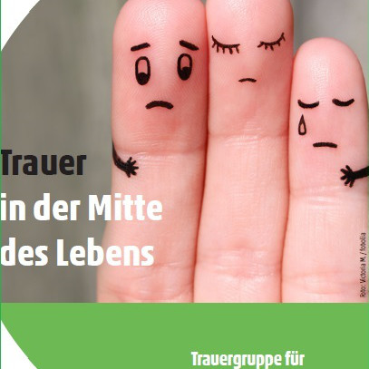 Drei Finger sind mit traurigen Gesichtern gezeichnet, einer mit Tränen, als Symbol für Trauer. Der Text wirbt für eine Trauergruppe für junge Erwachsene des Evangelischen Kirchenkreises Tempelhof-Schöneberg.